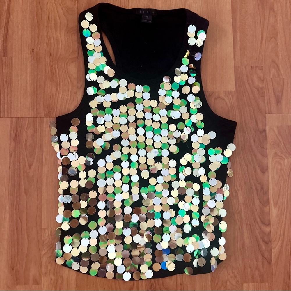 Lapis Black and Gold Sequin Tank Top